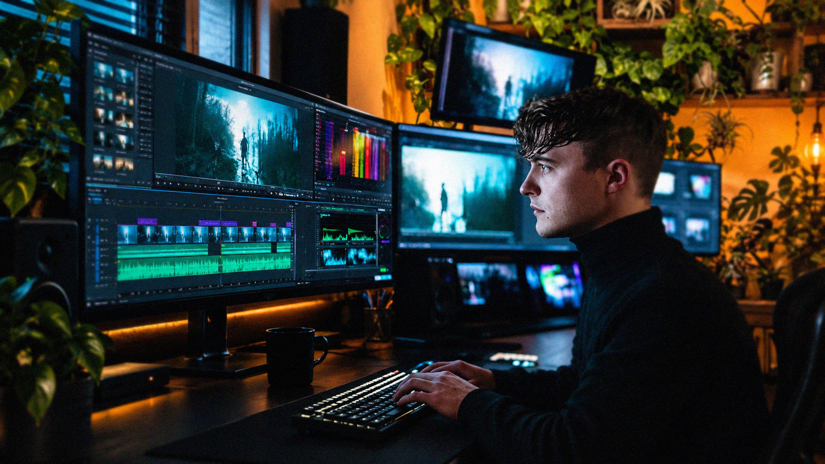 Joe Rendell editing at a multi-monitor suite, colour scopes and a timeline on screen
