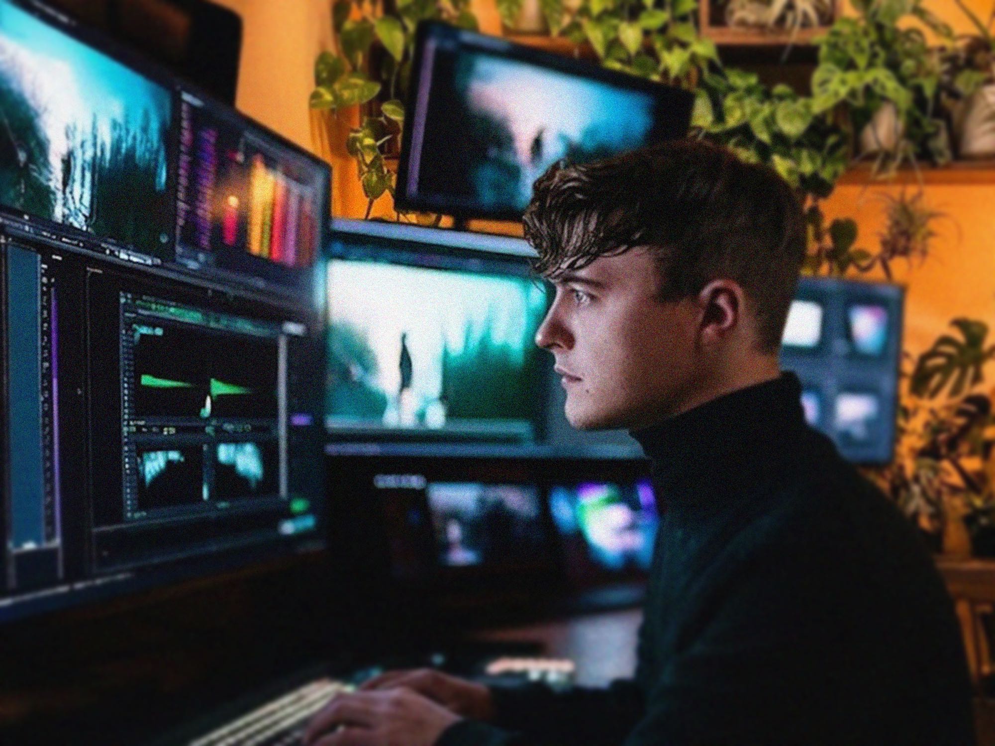 Joe Rendell editing at a multi-monitor suite, colour scopes and a timeline on screen
